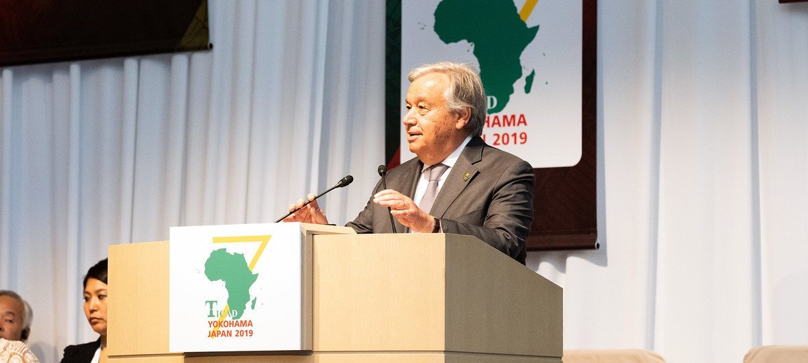 O secretário-geral da ONU, António Guterres, discursa na 7ª Conferência Internacional de Tóquio sobre o Desenvolvimento Africano em Yokohama, no Japão, em 29 de agosto de 2019.