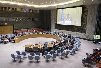 السيدة جانين هينيس-بلاسخارت، الممثلة الخاصة للأمين العام في العراق تخاطب أعضاء مجلس الأمن، 28 آب/أغسطس 2019. 