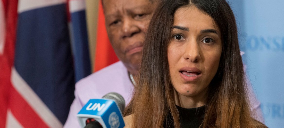 File photo from 2019 of Nadia Murad, Nobel Laureate and Goodwill Ambassador for the Dignity of Survivors of Human Trafficking of the United Nations Office on Drugs and Crime (UNODC).