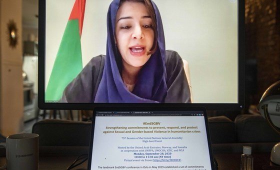 ريم الهاشمي وزيرة الدولة لشؤون التعاون الدولي بدولة الإمارات العربية المتحدة تتحدث في اجتماع تعزيز الالتزامات لمنع العنف الجنسي والعنف القائم على النوع الاجتماعي في الأزمات الإنسانية والاستجابة له والحماية منه.