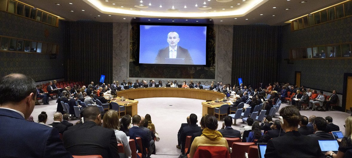 Nickolay Mladenov, UN Special Coordinator for the Middle East Peace Process, addresses the Security Council via video-link.