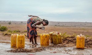 Une femme recueille l'eau de pluie sur une route dans le sud de Madagascar, frappé par la sécheresse.