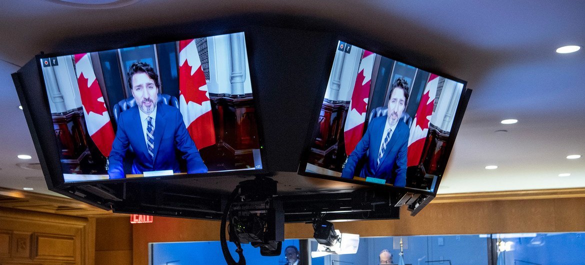 Justin Trudeau, primeiro-ministro do Canadá, discursa em evento sobre o financiamento da Agenda 2030 para o Desenvolvimento Sustentável na era da Covid-19