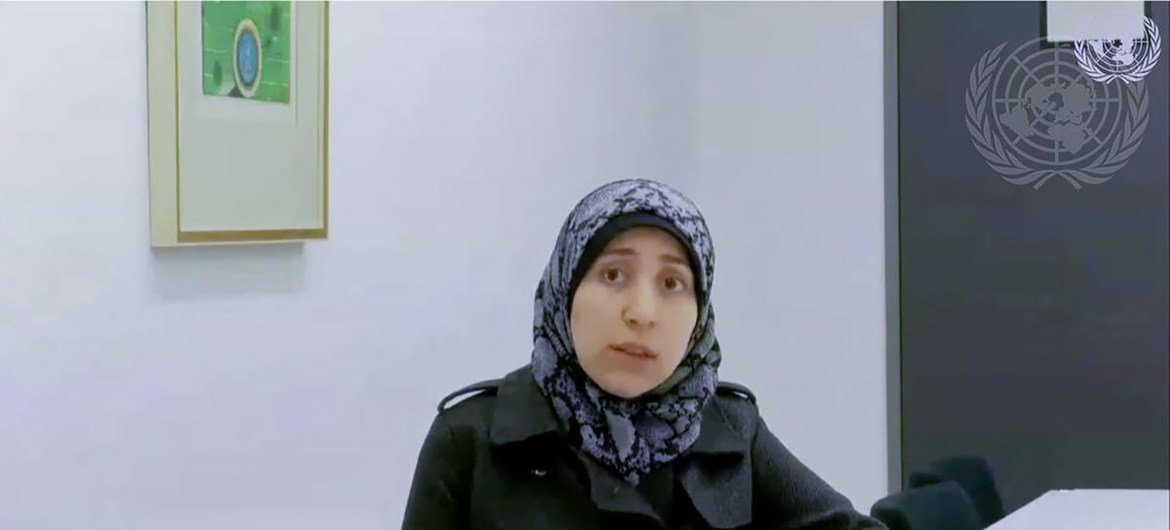 الدكتورة أماني بلور، مؤسسة صندوق الأمل، تتحدث في جلسة مجلس الأمن حول بسوريا عبر تقنية الفيديو.
