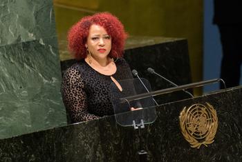 Nikole Hannah-Jones, Pulitzer Prize-winning reporter for The New York Times Magazine and creator of the 1619 Project, addresses the UN General Assembly commemorative meeting marking the International Day of Remembrance of the Victims of Slavery and the Transatlantic Slave Trade.