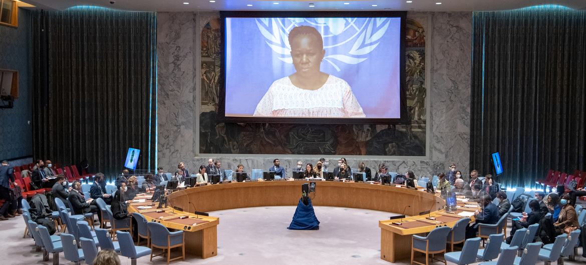 Bintou Keita (on screen), UN Special Representative in the Democratic Republic of the Congo and head of MONUSCO, briefs the Security Council meeting on the situation in the country.