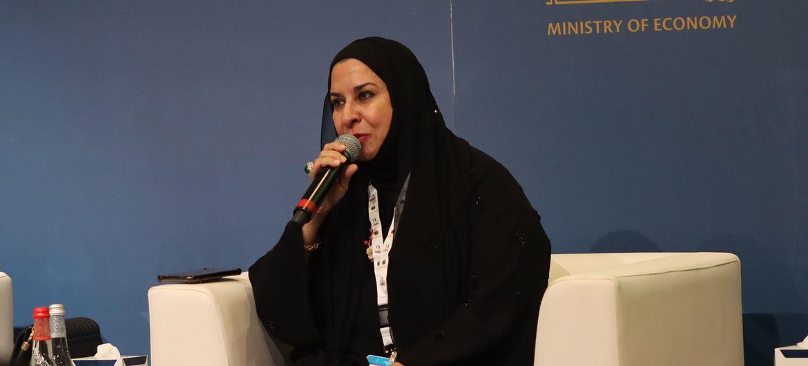 Farida Al Awadhi, Chairperson of the Emirates Businesswomen Council of UAE, speaks at the Discussion Panel on Uplifting Women Entrepreneurship at the World Entrepreneurs Investment Forum in Dubai, UAE.