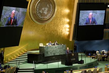Secretary-General António Guterres addresses the General Assembly during a meeting to mark the International Day of Remembrance of the Victims of Slavery and the Transatlantic Slave Trade.