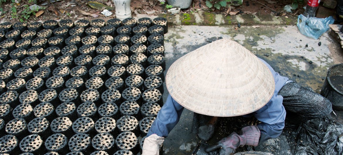 Au Vietnam, une femme fabrique des briquettes de biomasse respectueuses de l'environnement, un substitut de biocarburant au charbon et au charbon de bois.