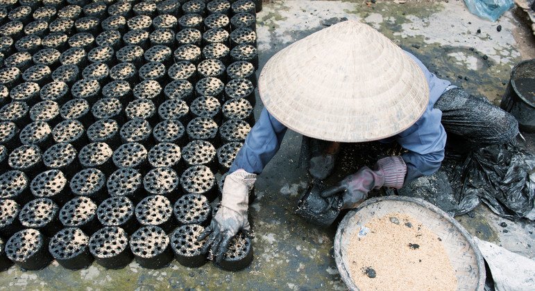 Una mujer vietnamita fabrica briquetas de biomasa respetuosas con el medio ambiente, un biocombustible usado para cocinar que sustituye al carbón y el combustible.