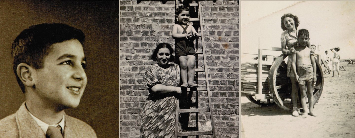 A gauche, Simon Gronowski âgé de 10 ans ; au centre avec sa mère Chana pendant l’été 1935 dans leur jardin à Etterbeek ;  à droite avec sa sœur et sa sœur Ita en 1938 sur la plage à Ostende, Belgique.