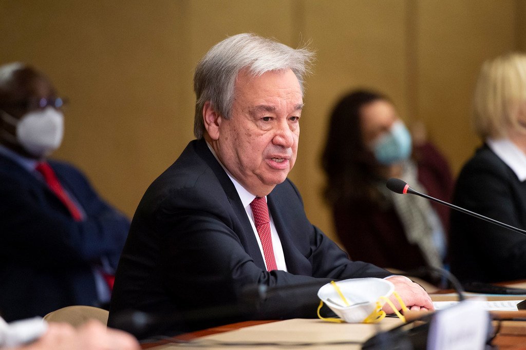 Le Secrétaire général des Nations Unies, António Guterres, lors de la réunion informelle 5+1 sur Chypre à Genève.