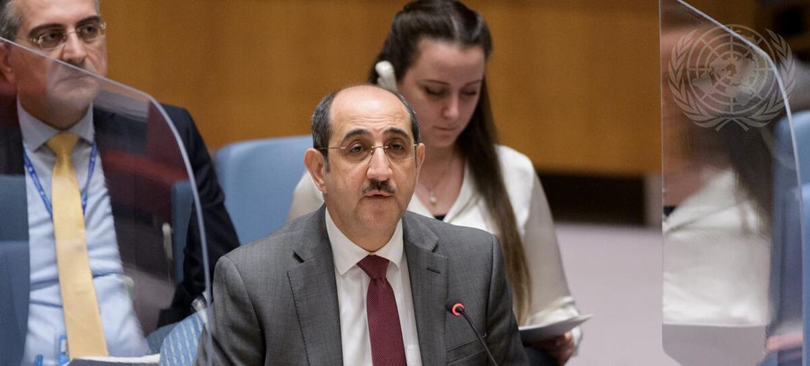 بسام صباغ، المندوب السوري الدائم لدى الأمم المتحدة، يتحدث أمام مجلس الأمن حول الوضع في سوريا.