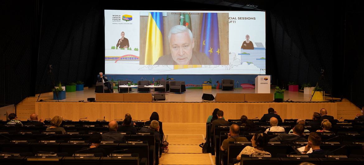 Mayor of Kharkhiv, Igor Terekhov, during a virtual speech at the Special Session on Rebuilding Communities and Neighborhoods After War and Natural Disasters.