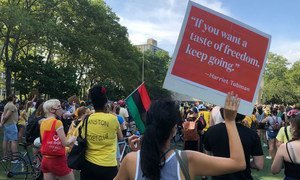 Protesters gather at a park in Brooklyn, New York City to demonstrate against racism and police violence.