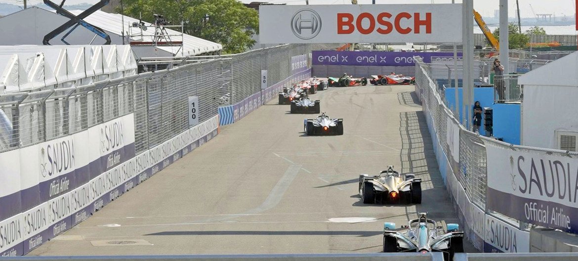 Formula E cars at the 2021 New York race in Red Hook, Brookyln.