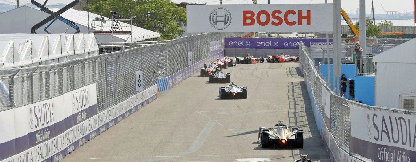 Formula E cars at the 2021 New York race in Red Hook, Brookyln.