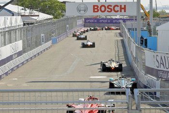 Formula E cars at the 2021 New York race in Red Hook, Brookyln.