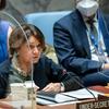 Rosemary DiCarlo, Secrétaire générale adjointe aux affaires politiques et à la consolidation de la paix, lors d'une séance du Conseil de sécurité de l'ONU consacrée à la situation en Ukraine, en juillet 2022.