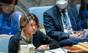 Rosemary DiCarlo, Under-Secretary-General for Political and Peacebuilding Affairs, briefs members of the UN Security Council on the situation in Ukraine.