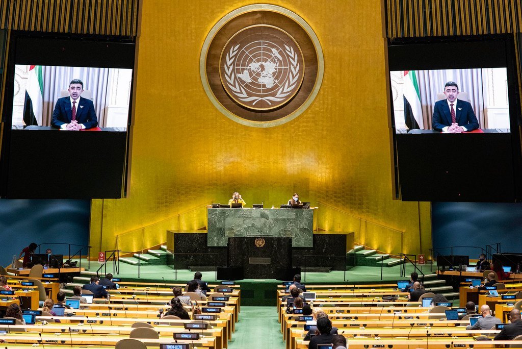 Foreign Minister Sheikh Abdullah bin Zayed Al Nahyan (on screen) of the United Arab Emirates addresses the general debate of the General Assembly’s seventy-fifth session.