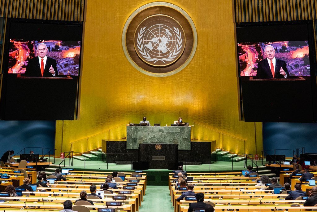 Prime Minister Benjamin Netanyahu (on screen) of Israel addresses the general debate of the General Assembly’s seventy-fifth session.