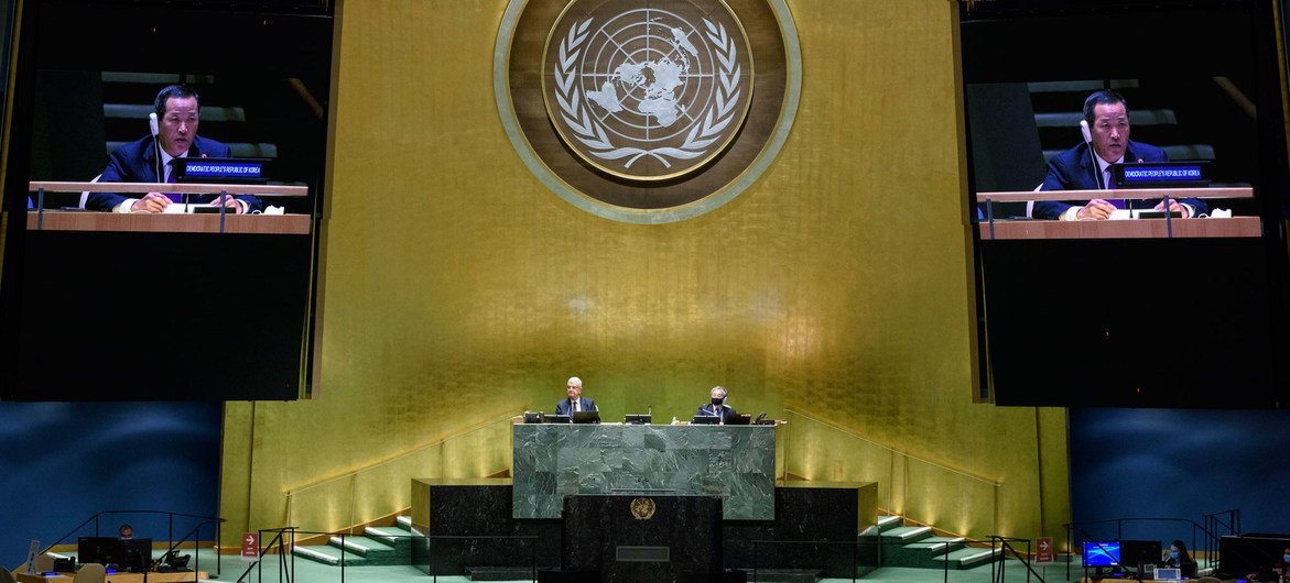 朝鲜常驻联合国代表金星在联合国大会第75届会议一般性辩论中发表致辞。