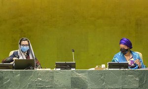 Adela Raz (left), Vice-President of the 75th session of the General Assembly and Permanent Representative of the Islamic Republic of Afghanistan to the United Nations, chairs the general debate of the General Assembly's 75th session. At right is Deputy Secretary-General Amina Mohammed.