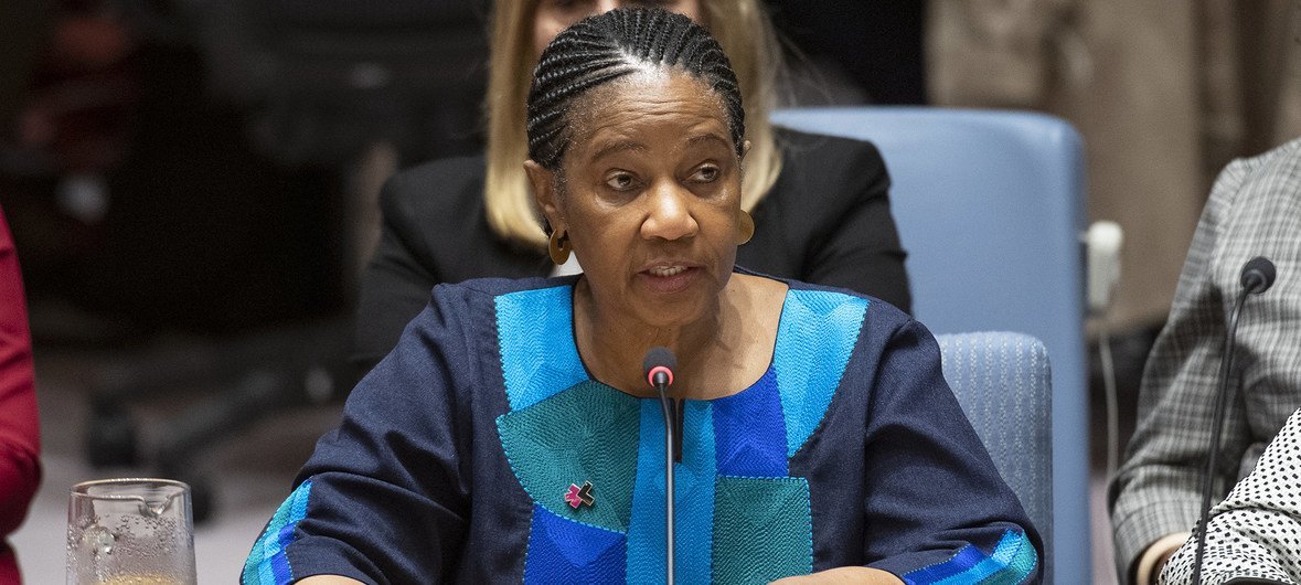联合国妇女署执行主任普姆齐勒·姆兰博-努卡在安理会关于妇女与和平与安全的会议上讲话。