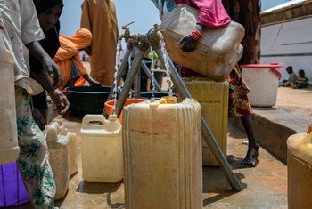 A solar-powered borehole provides water to more than 6,000 residents in a camp for displaced people in Maiduguri in northeastern Nigeria.