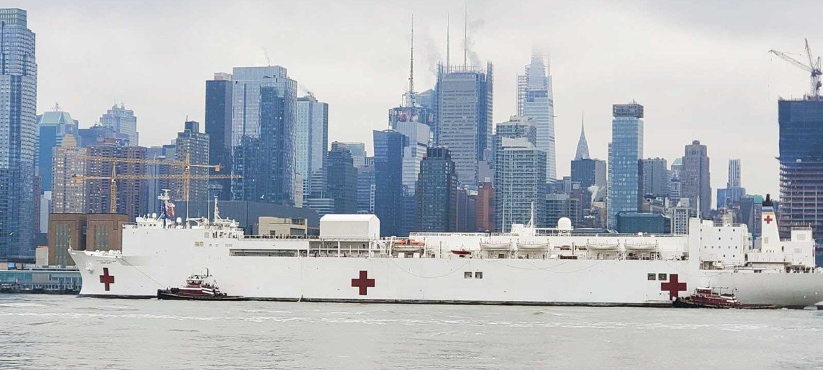 US Naval Hospital Ship Comfort arrives in New York City harbour to provide care for non-coronavirus patients freeing up beds in hospitals across the city.