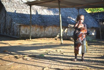 A young boy holds a chicken in Taremb, Malekula Island, Vanuatu.