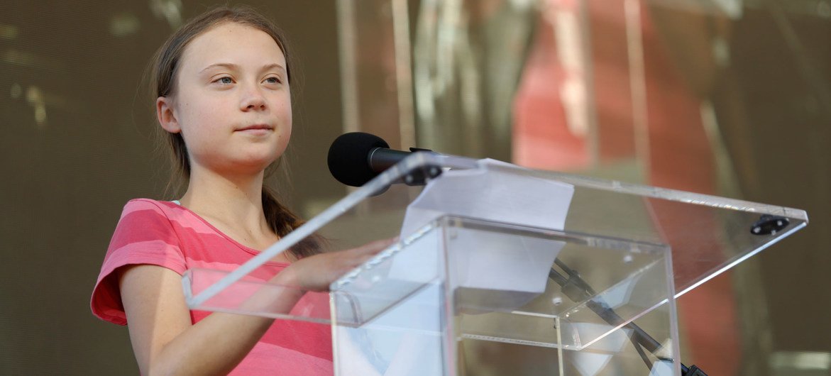 Swedish youth climate activist, Greta Thunberg, at a demonstration calling for global action to combat climate change in New York in September 2019.
