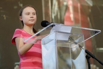 Swedish youth climate activist, Greta Thunberg, at a demonstration calling for global action to combat climate change in New York in September 2019.