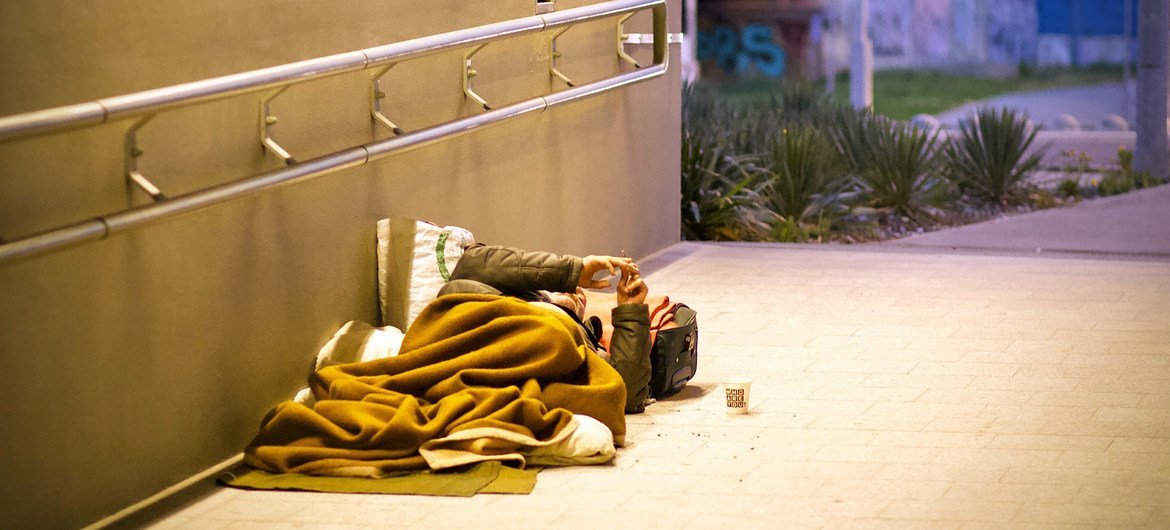 Homeless man sleeps in a tunnel in Budapest, Hungary.