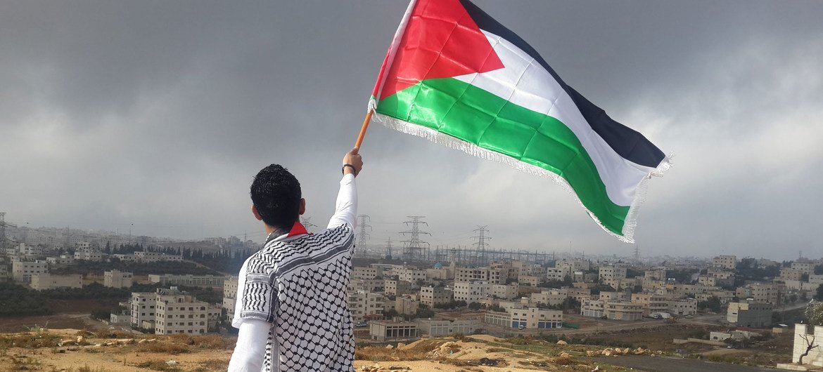 Young man waves flag of Palestine.