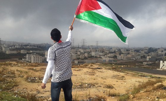 Young man waves flag of Palestine.