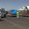 30 مايو 2020/ طائرة مستأجرة بواسطة اليونيسف تفرغ حمولتها في مطار صنعاء. حملت الطائرة مساعدة طبية للمساعدة في كبح انتشار كوفيد-19.