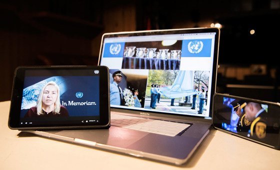 Patricia Nemeth (lower left screen), President of the UN Staff Union, speaks during the annual memorial service to honour United Nations Personnel who lost their lives in the line of duty from 16 March to 31 December 2019.