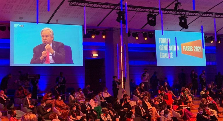 O secretário-geral António Guterres falando na abertura do Fórum Geração Igualdade em Paris.