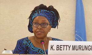 Kaari Betty Murungi, présidente de la Commission internationale de l'ONU sur les droits de l'homme en Éthiopie, au Conseil des droits de l'homme à Genève.