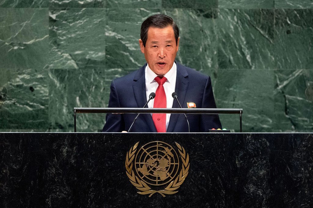 朝鲜民主主义人民共和国代表团团长、常驻联合国代表金星在第七十四届联合国大会一般性辩论上讲话。(2019年9月30日)