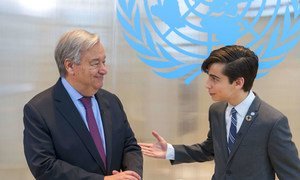 Secretary-General António Guterres (left) participates in Instagram Live with actor Aidan Gallagher, UN Environment Goodwill Ambassador. (21 September 2019)