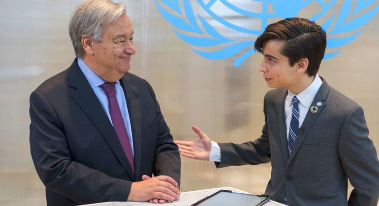 Secretary-General António Guterres (left) participates in Instagram Live with actor Aidan Gallagher, UN Environment Goodwill Ambassador. (21 September 2019)