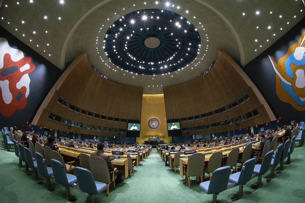 La salle de l'Assemblée générale des Nations Unies en septembre 2019.