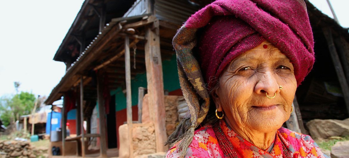 An elderly woman is pictured in Makaising Village in Gorkha District, Nepal.