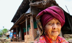 An elderly woman is pictured in Makaising Village in Gorkha District, Nepal.