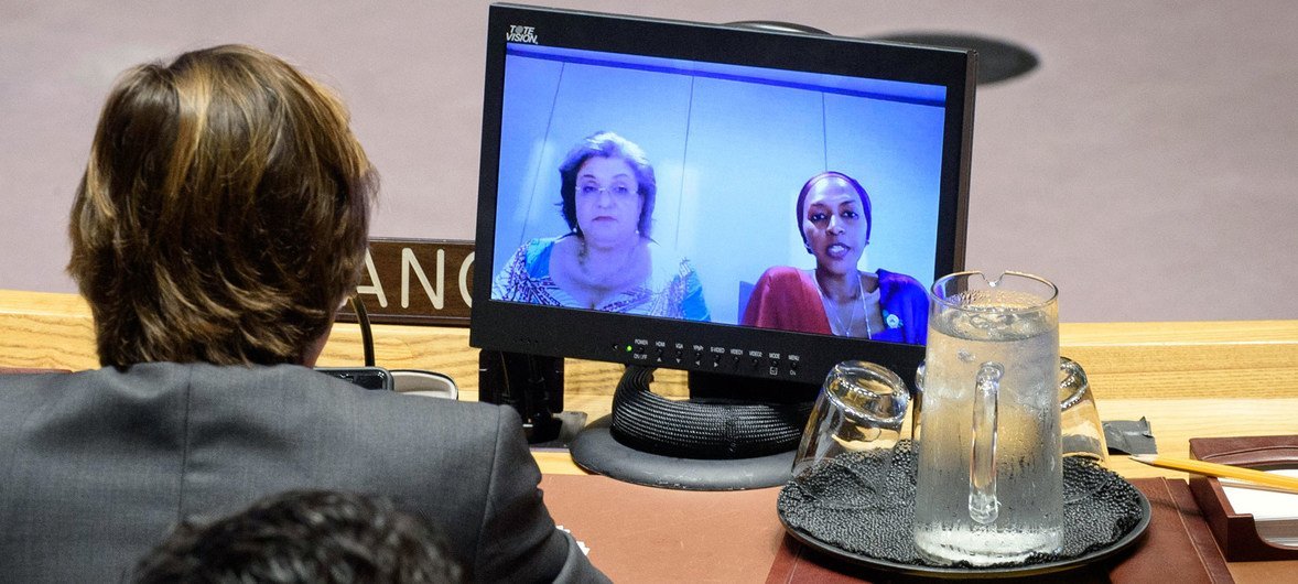 Hanna Serwaa Tetteh (left), Special Representative to the African Union and Head of the UN Office to the African Union and Fatima Kyari Mohammed, Permanent Observer of the African Union to the United Nations, brief Security Council members via video conferencing.