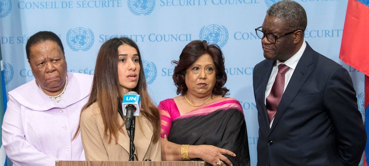 (L to R) Naledi Pandor, Minister of International Relations and Cooperation of South Africa; Nadia Murad, Nobel Peace Prize Laureate; Pramila Patten, Special Representative of the Secretary-General on Sexual Violence in Conflict; and Dr. Denis Mukwege, Nobel Peace Prize Laureate, brief reporters at UN Headquarters in New York.