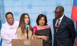 (L to R) Naledi Pandor, Minister of International Relations and Cooperation of South Africa; Nadia Murad, Nobel Peace Prize Laureate; Pramila Patten, Special Representative of the Secretary-General on Sexual Violence in Conflict; and Dr. Denis Mukwege, No